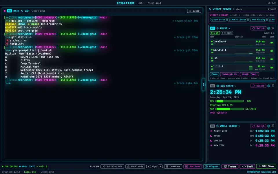 CybaTerm in the Neon Tokyo theme with Neon Glow and the Netrunner Deck prompt, with the Pulse, Sys Stats and World Clocks widgets in the drawer