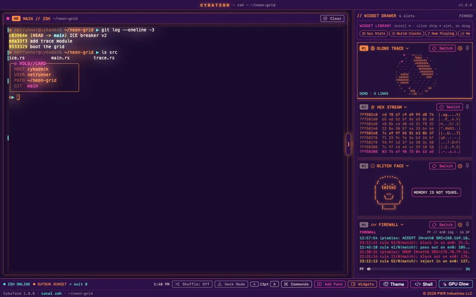 CybaTerm in the Outrun Sunset theme with the Holo Card prompt, and the Globe Trace, Hex Stream, Glitch Face and Busy Mode widgets in the drawer