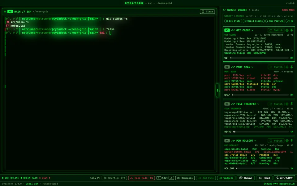 CybaTerm in the Green Rain theme with the Glitch prompt and Hack Mode on, every widget slot showing a fake hacker feed