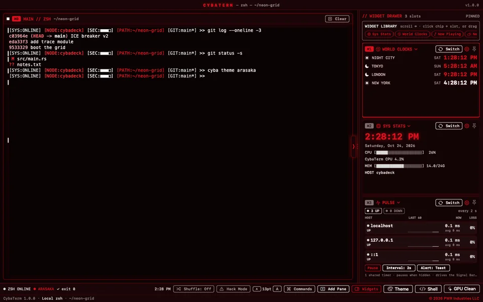 CybaTerm in the Arasaka theme with the Corp Terminal prompt and Neon Glow off, with World Clocks, Sys Stats and Pulse in the drawer