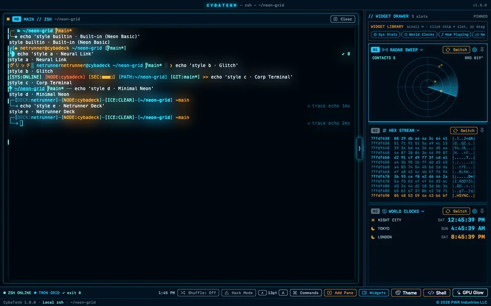 Prompt styles Built-in and A to E stacked in one session, in the Tron Grid theme, with Radar Sweep, Hex Stream and World Clocks widgets
