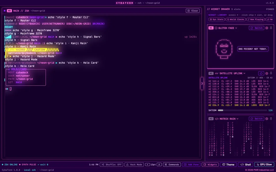 Prompt styles F to K stacked in one session, in the Synth Pulse theme, with Glitch Face, a Busy Mode feed and Matrix Rain