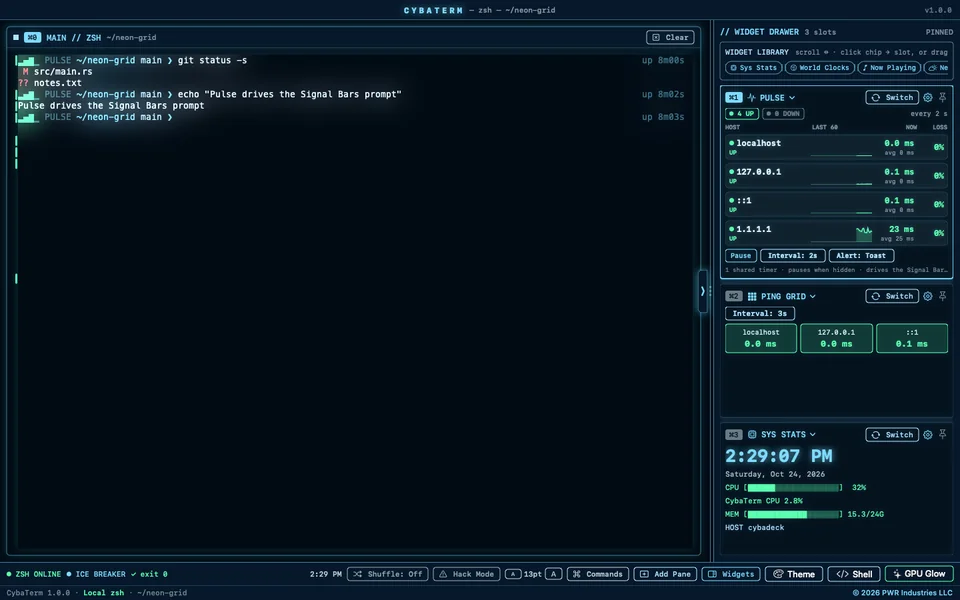 CybaTerm in the Ice Breaker theme with the Signal Bars prompt driven by the Pulse widget, plus Ping Grid and Sys Stats in the drawer