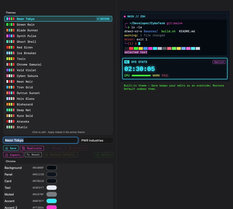 The CybaTerm Theme Editor listing the 20 built-in themes, with color wells for every field and a live preview of the terminal and a Sys Stats widget