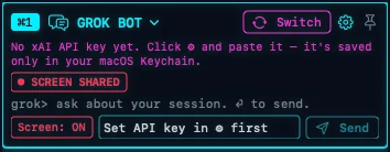 The Grok Bot widget with Screen ON and the red Screen Shared badge