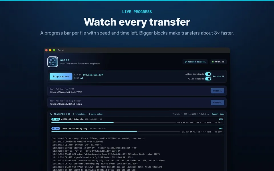 Live progress bars for three transfers