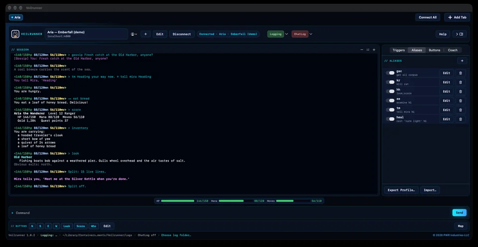 The Inspector's Aliases tab (gac, kr, hh, ee, tm, heal), with on/off switches, Edit and delete.